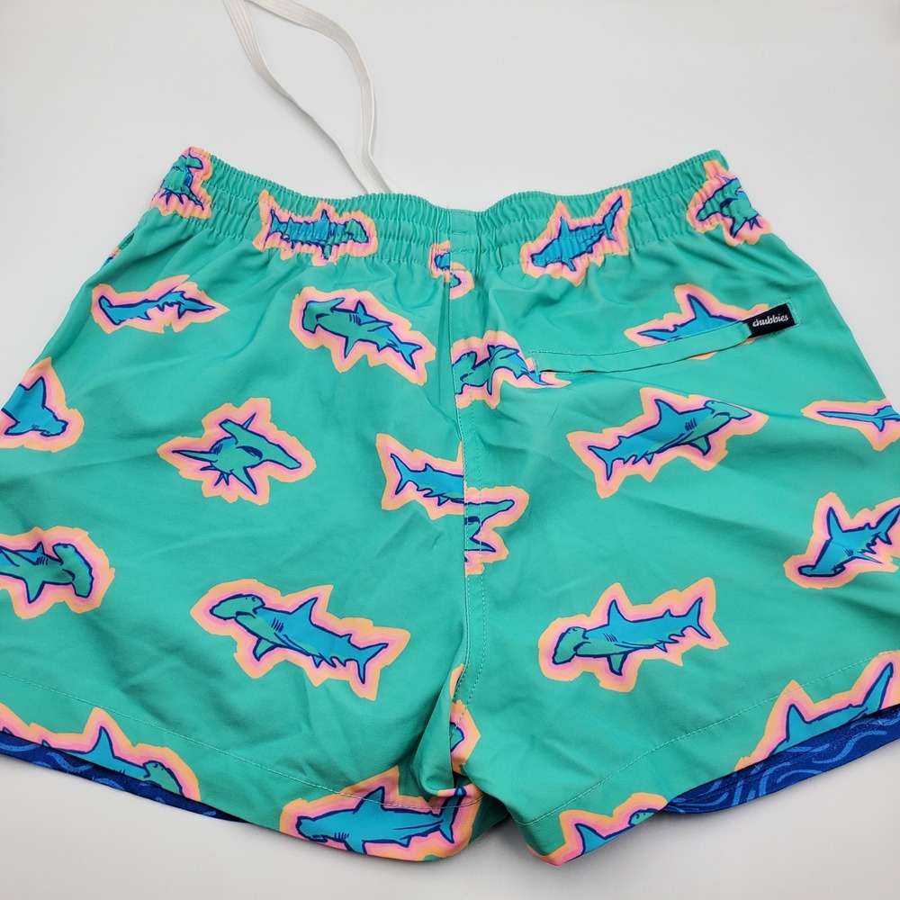Chubbies Small Mens Teal Hammerhead Shark Print Swim Trunks 4 Inch Inseam Flaw